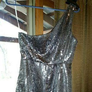 Sequence silvertone one shoulder club dress